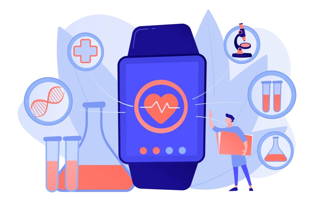 blockchain - Doctor and smartwatch with tracking of heart rate and medical icons
